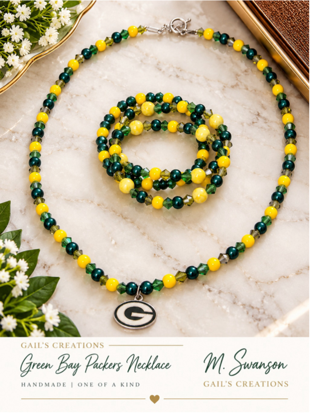 NEW Green Bay Packers “G” Beaded Necklace | Handmade by Gail’s Creations